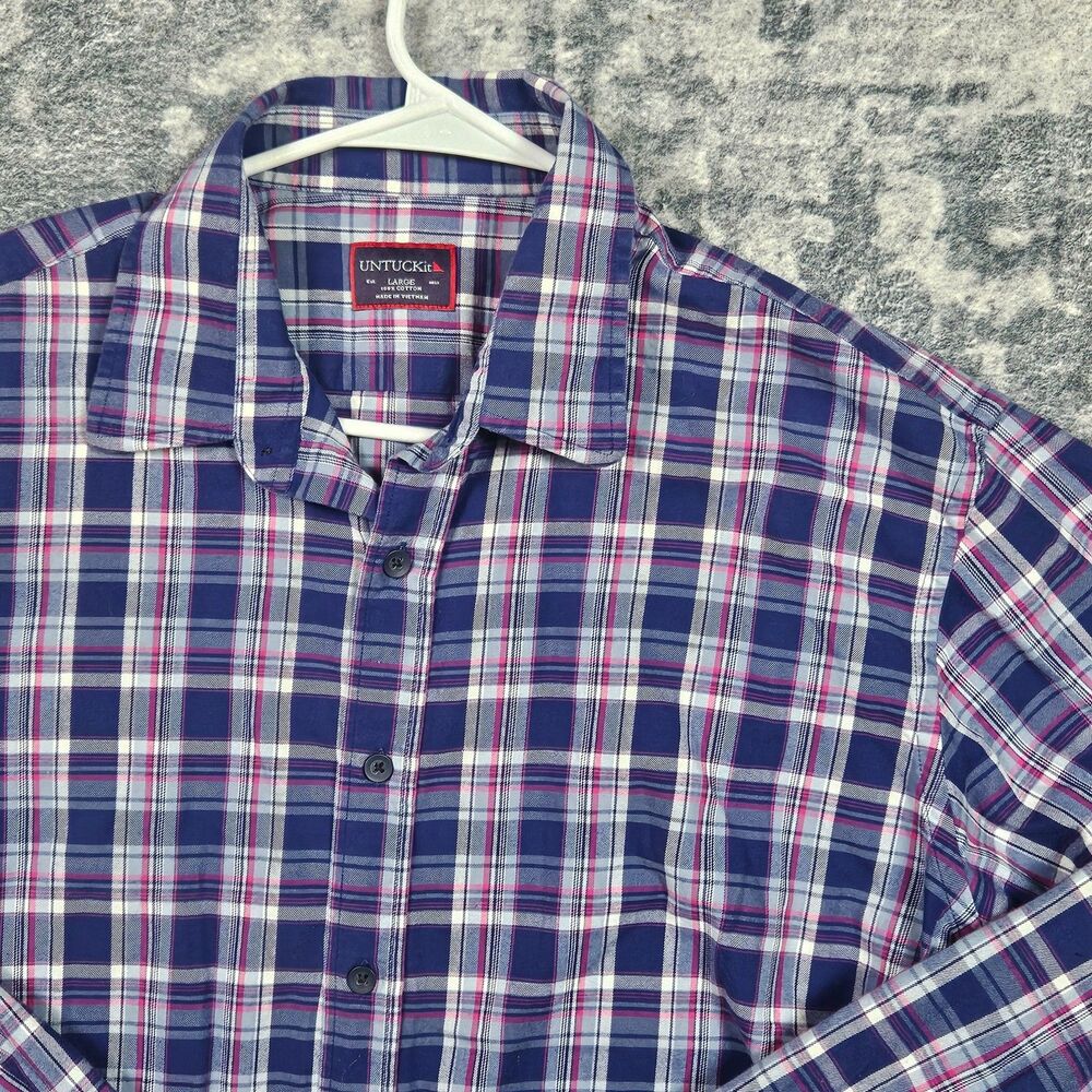 UNTUCKIT Shirt Mens Large Purple Plaid 100% Cotton Long Sleeve Button